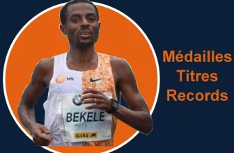 Photo de Kenenisa Bekele en train de courir avec les écritures suivantes sur le côté "Médailles, Titres, Records" Et la phrase suivante sous le dessous de l'image "Zoom sur son parcours" L'image présente un article qui va détailler le palmarès et le parcours de l'athlète