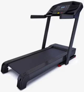 Tapis de course Domyos T900 noir avec console digitale, poignées latérales et structure pliable.