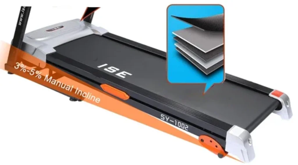 Tapis de course ISE SY-1002 avec inclinaison manuelle réglable de 3 % à 5 % et surface de course renforcée multi-couches.