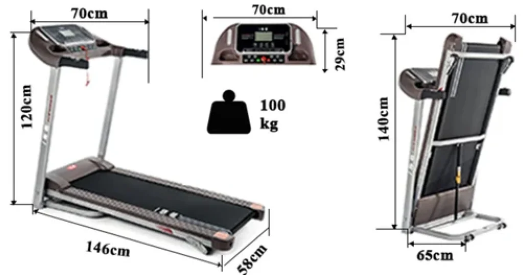 Dimensions du tapis de course ISE SY-T2708 : 146 cm de long, 70 cm de large et 120 cm de haut déplié ; 65 cm de profondeur et 140 cm de haut plié ; poids maximal utilisateur 100 kg.
