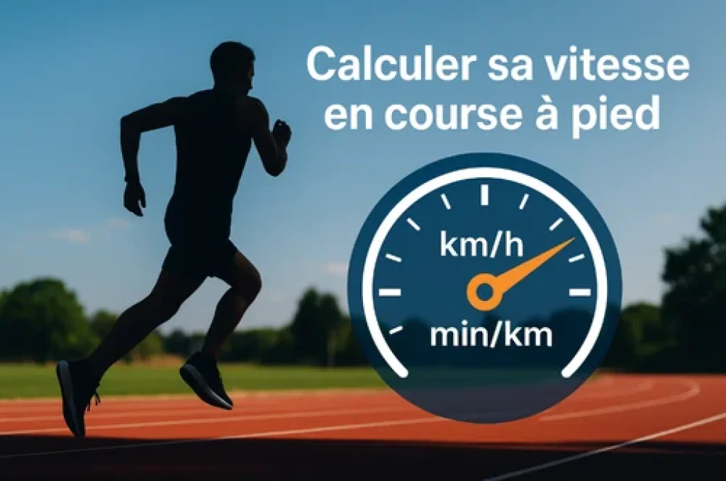 Illustration d’un coureur sur piste avec un compteur de vitesse affichant km/h et min/km, et le texte « Calculer sa vitesse en course à pied ».
