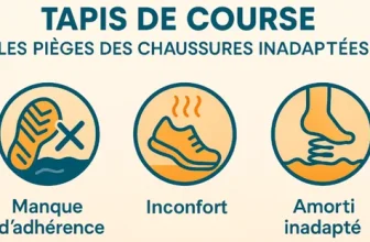 Illustration des pièges des chaussures inadaptées sur tapis de course : manque d’adhérence, inconfort et amorti inadapté.