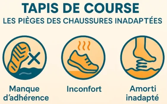 Illustration des pièges des chaussures inadaptées sur tapis de course : manque d’adhérence, inconfort et amorti inadapté.