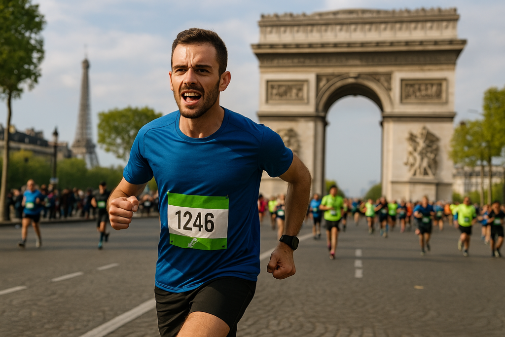 Coureur en plein marathon à Paris, foulée dynamique avec la Tour Eiffel en arrière-plan, ambiance sportive urbaine.