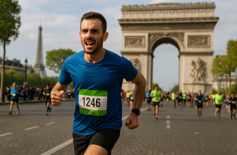 Coureur en plein marathon à Paris, foulée dynamique avec la Tour Eiffel en arrière-plan, ambiance sportive urbaine.