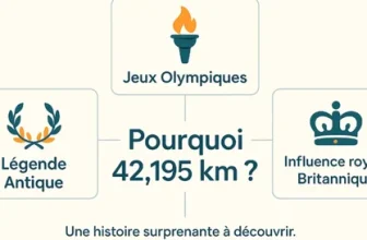 Infographie expliquant pourquoi le marathon fait 42,195 km : entre légende antique, Jeux Olympiques et influence royale britannique.