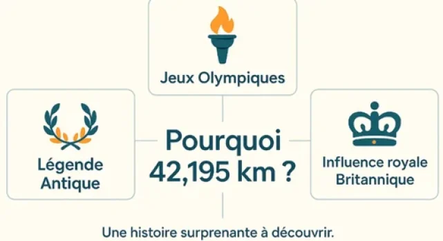 Infographie expliquant pourquoi le marathon fait 42,195 km : entre légende antique, Jeux Olympiques et influence royale britannique.