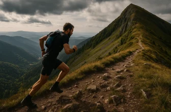 Coureur en montagne sur un sentier rocheux avec sac de trail, en pleine ascension vers un sommet escarpé dans les Vosges.