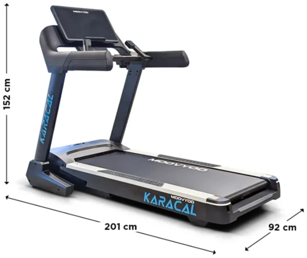 Dimensions du tapis de course Moovyoo Karacal : 201 cm de long, 92 cm de large et 152 cm de haut.