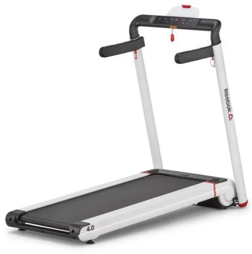 Tapis de course Reebok i-Run 4.0 blanc et noir, modèle pliable et compact avec console simplifiée, idéal pour les petits espaces et les entraînements réguliers à domicile.