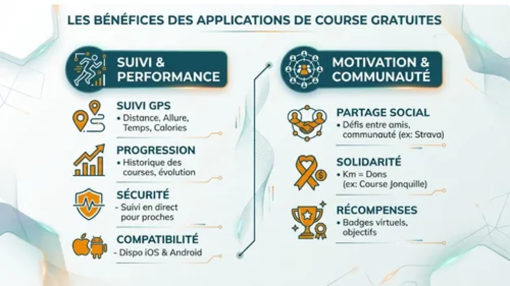 Illustration présentant les bénéfices des applications de course gratuites : suivi GPS (distance, allure, temps), historique des sorties, compatibilité iOS et Android, fonctions sociales comme les défis entre amis, le partage d’activités, les badges virtuels et les dons solidaires.