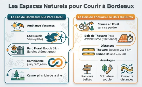 Infographie présentant les espaces naturels pour courir à Bordeaux, avec le lac de Bordeaux et le parc floral pour des boucles plates et calmes, ainsi que le bois de Thouars et le bois du Burck proposant des parcours forestiers balisés de différentes distances.