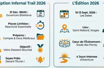 Infographie inscription Infernal Trail des Vosges 2026 avec ouverture des inscriptions le 31 décembre à 18h, dates du 10 au 13 septembre 2026 à Saint-Nabord et informations clés sur l’événement.