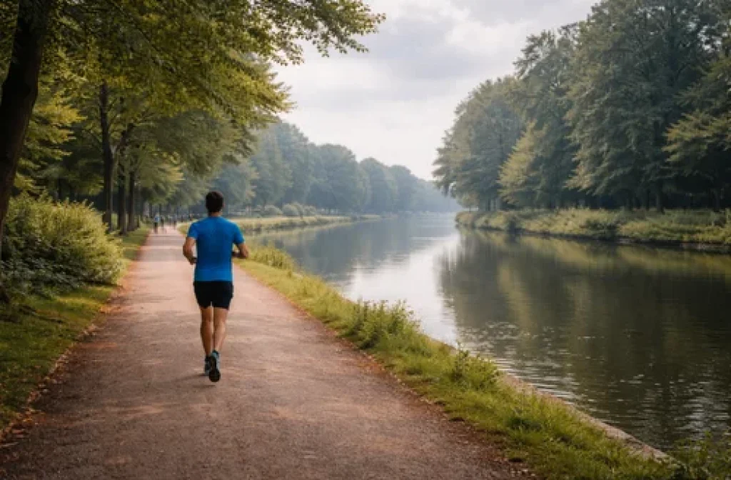 Coureur faisant son jogging le long des berges de la Deûle à Lille.