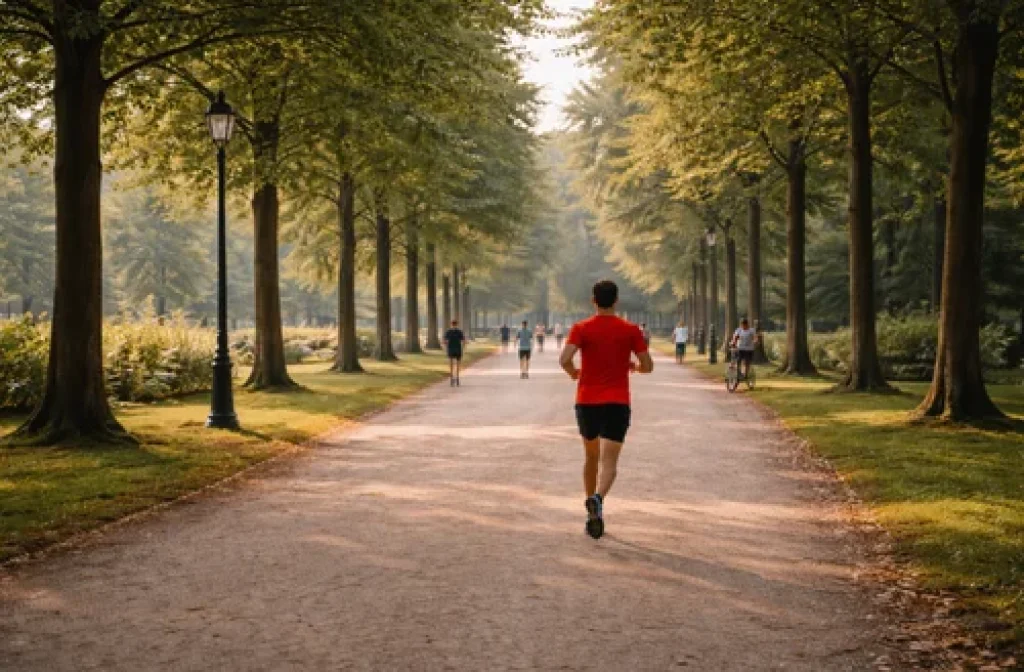Coureur faisant son jogging sur une allée du bois de boulogne à lille dans un parc urbain verdoyant.