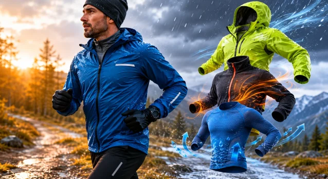 Coureur équipé pour courir par temps froid, pluvieux et ensoleillé sur un sentier de montagne, illustrant une tenue running adaptée à la météo.