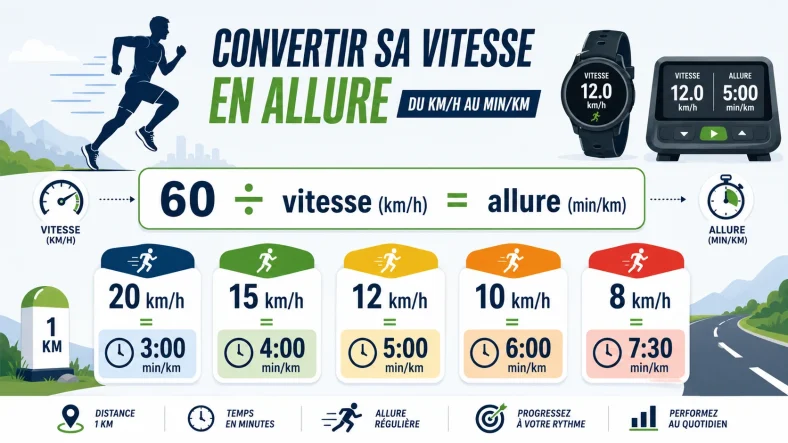 Infographie de conversion km/h en min/km avec formule, exemples d’allures running et pictogrammes de coureur, montre GPS et chronomètre.