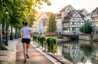 Coureuse sur les quais de Strasbourg, au bord d’un canal face aux maisons à colombages de la Petite France.