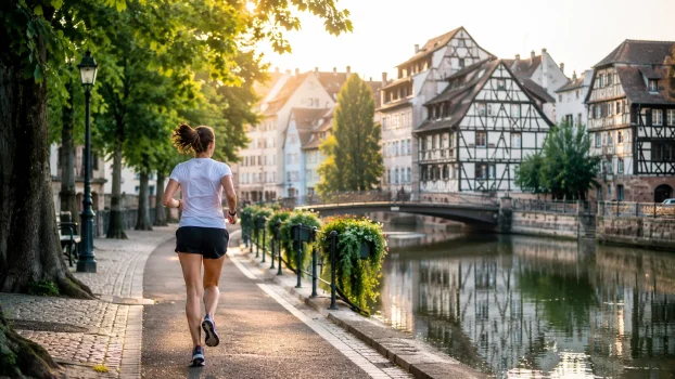 Coureuse sur les quais de Strasbourg, au bord d’un canal face aux maisons à colombages de la Petite France.